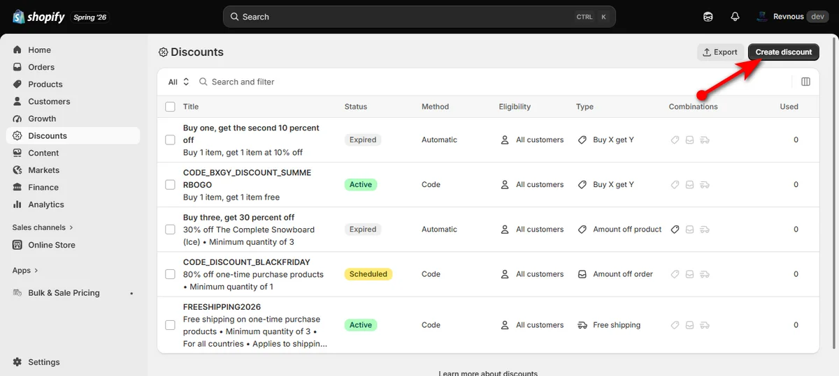 hit create discount button on the top right