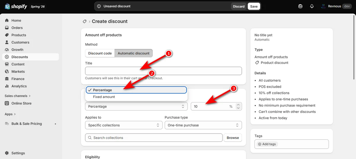 write automatic discount title and coose discount value