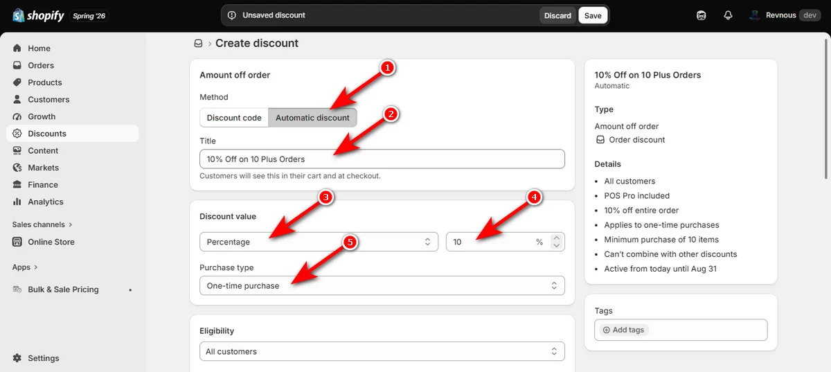 23- write discount title and set discount value and purchase type