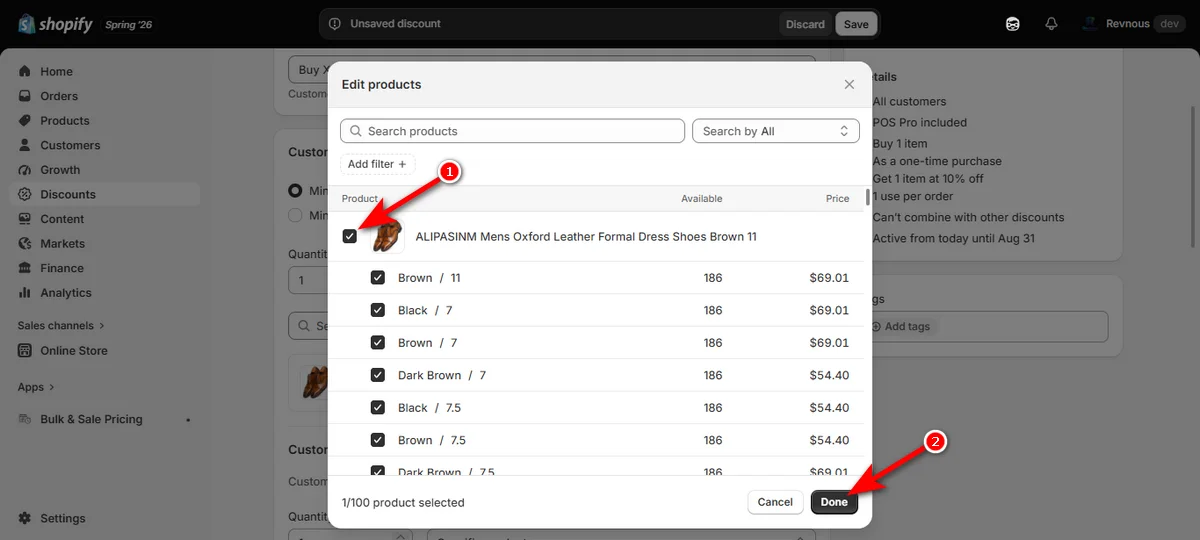 17- checkmark products and hit done button