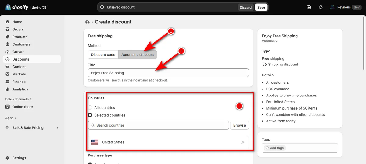 27- choose discount method title and countries