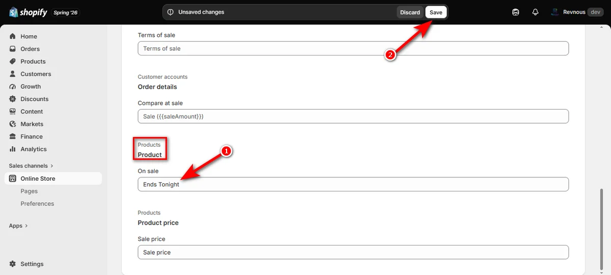 18- write a sale badge text in on sale fied of products area
