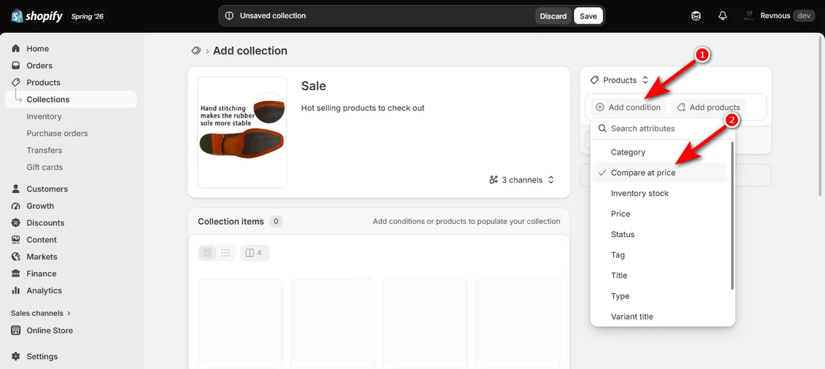 6- click add conditon and select compare at price