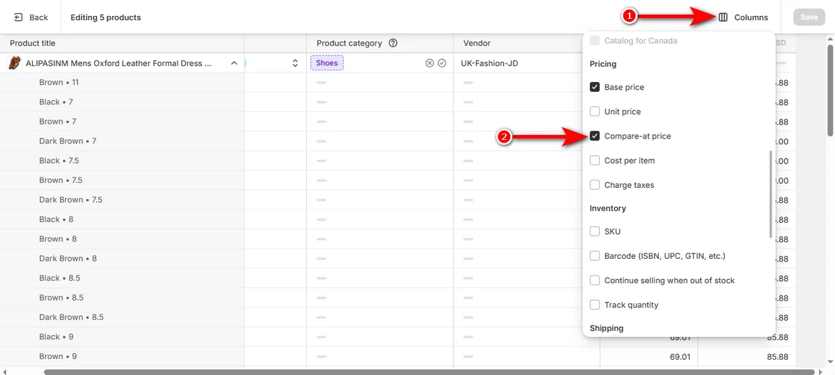 17- click columns and find and checkmark compare at price