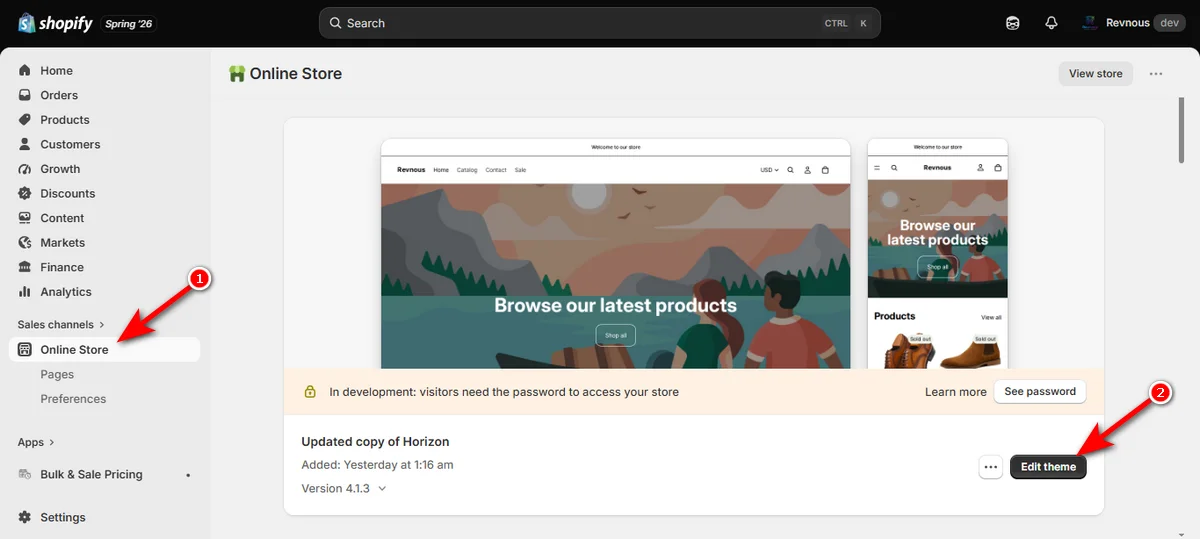 26- go to online store and click edit theme