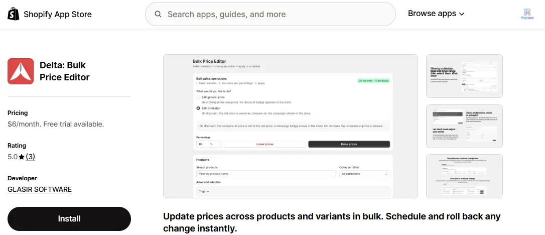 delta bulk price editor shopify app featured on the listing blog of revnous